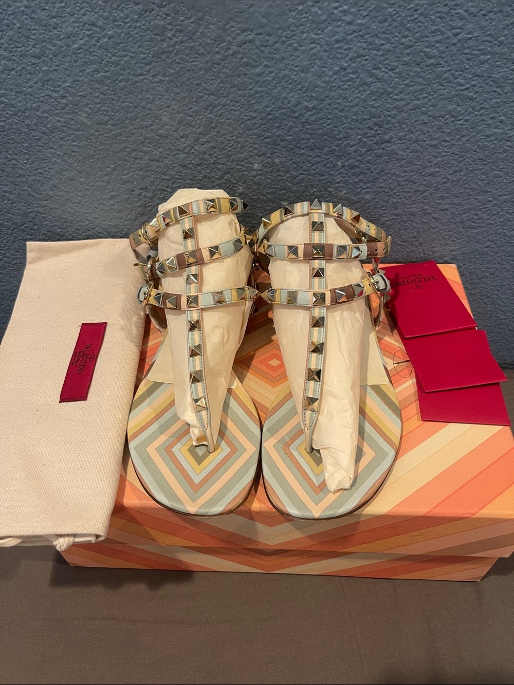 Beautiful Studded Multicolor Valentino Striped Women's Thong Sandals